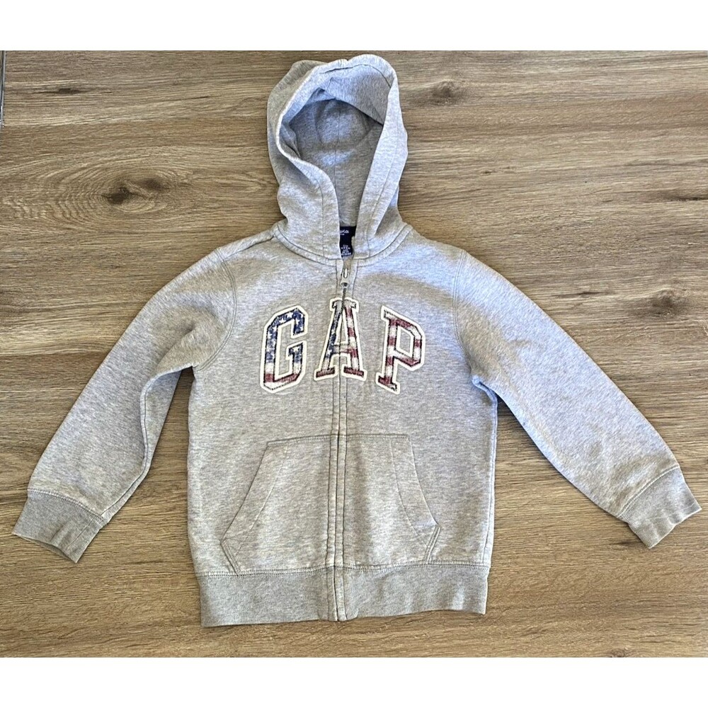 Gap Kids Zip Up Hoodie Spellout American Flag Letters Gray Youth Size XS (4-5)